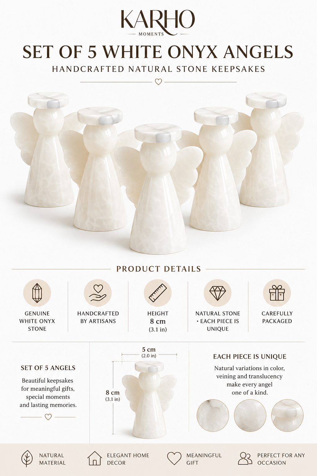 Set of 5 White Onyx Angels – Handcrafted Natural Stone Keepsakes (8cm)