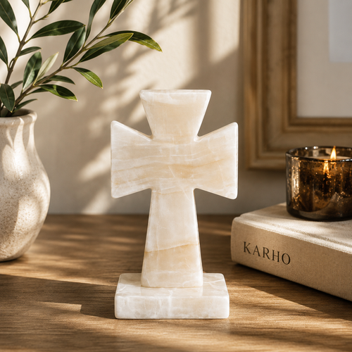 Handcrafted White Onyx Cross – Natural Stone Home Décor (10 cm)