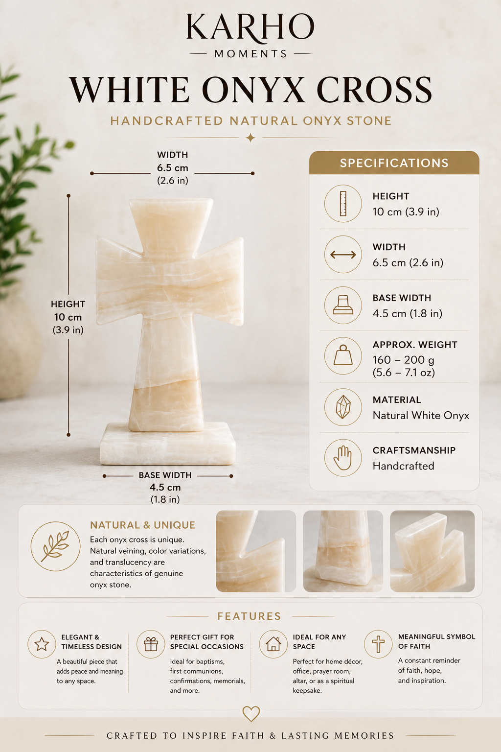 Handcrafted White Onyx Cross – Natural Stone Home Décor (10 cm)
