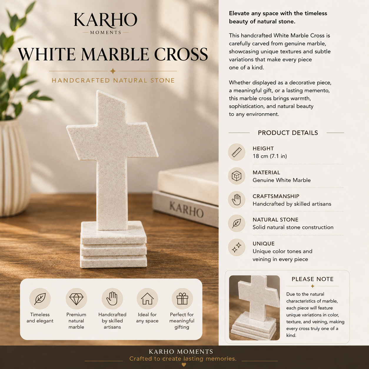White Marble Cross – Handcrafted Natural Stone Cross (18 cm)