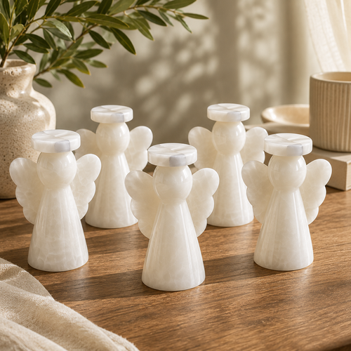 Set of 5 White Onyx Angels – Handcrafted Natural Stone Keepsakes (8cm)